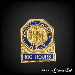 Vintage Hospital Volunteer Service Pin Blue Enamel Gold Tone 100 Hours Award